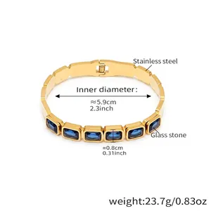 Detailed dimensions of gold stainless steel bangle with rectangular blue glass stones