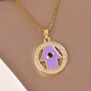 Hamsa Hand Evil Eye Pendant Necklace Stainless Steel Box Chain Gold Plated Enamel Zircon Jewelry For Women