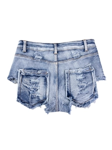 Pantaloncini di jeans a vita alta azzurri con strappi distressed e orlo sfilacciato