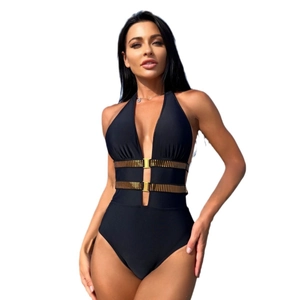 Sexy black backless one-piece swimsuit with plunging V-neck and gold metallic waist bands