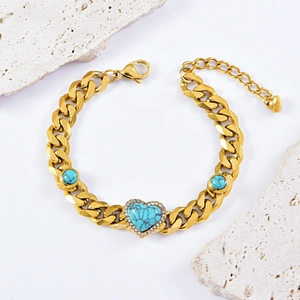 Golden Cuban chain bracelet with heart-shaped turquoise stone and sparkling zircon inlay