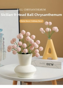 Detailed close-up of 9-head light pink ball chrysanthemums in white ceramic vases