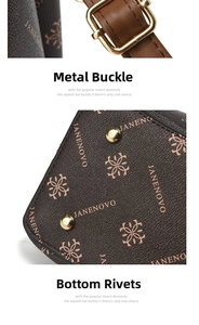 Detailed view of golden buckle hardware and protective metal rivets on brown tote bag