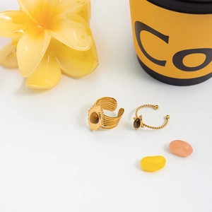 Retro 18K gold-plated oval tiger eye ring set with minimalist sunburst and spiral band