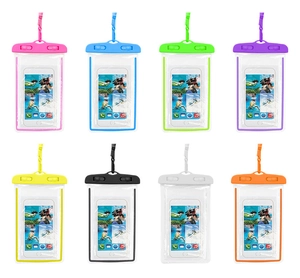 Grid view of 8 colorful waterproof phone pouches with matching lanyards for outdoor swimming