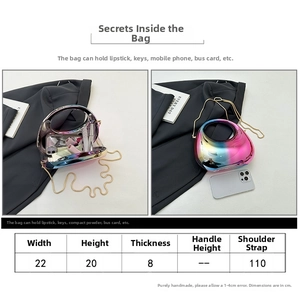 Detailed size chart showing transparent acrylic crescent bag dimensions of 22x20x8 cm