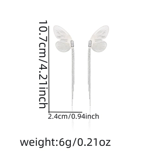Detail view of silver butterfly long tassel earrings with dimensions 10.7x2.4cm and 6g weight