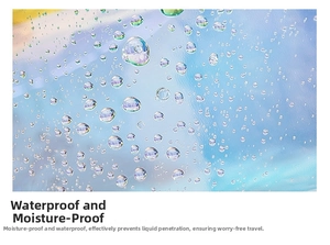 Detail showing high-performance waterproof laser fabric with dense water droplets