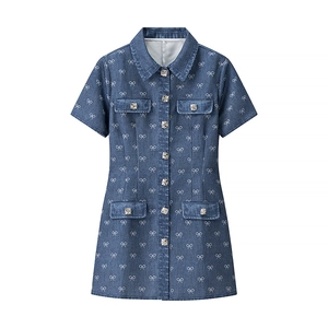 Women Denim Blue Bow Print Mini Dress With Rhinestone Buttons Turn-Down Collar Short Sleeve Casual Fashion Dress