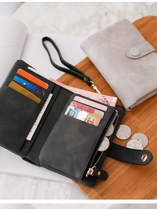 Short tri-fold PU leather wallet with multiple card slots and wristlet in black and grey