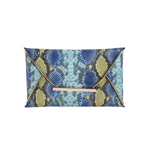 Chic blue-green snakeskin pattern envelope clutch with gold metal bar accent on white background