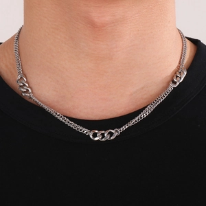 Silver stainless steel Cuban link necklace for men with trendy layered splice chain design