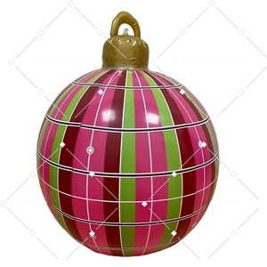 Macro detail of inflatable Christmas ball with pink, green and red stripes on white background