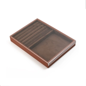 Brown velvet jewelry storage box with clear acrylic lid and multi-slot functional layout