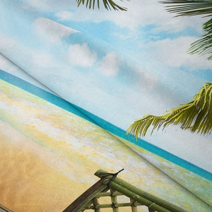 Nahaufnahme des dicken tropischen Strand-Wandteppichs mit Palmen und detaillierter Textur