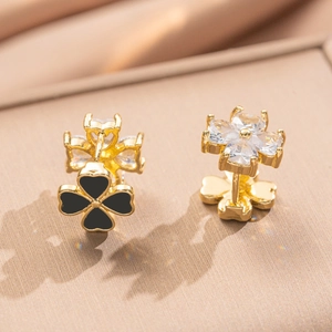 Classic double-sided clover hoop earrings with black enamel and gold plating