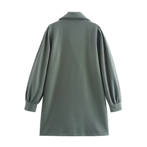 Back view of a retro loose grey wool coat with lantern sleeves and double-breasted collar