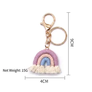 Handmade rainbow charm with purple and blue cotton cords and tassels, size 9x4cm