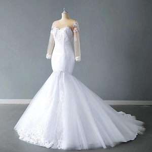 Elegant white mermaid wedding dress with lace embroidery, long sleeves and long train
