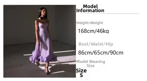 Size guide with model measurements for lavender ruffled strap maxi evening dress