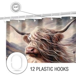 Detail of 3D Christmas Highland Cow shower curtain with rustproof metal grommets and hooks