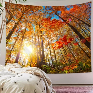 Detailed close-up of forest landscape tapestry with autumn trees and warm sunlight