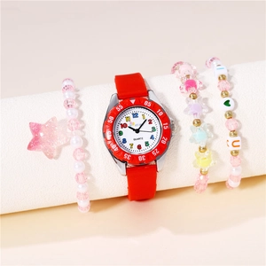 Pink silicone quartz watch set for girls featuring colorful beads and star bracelets
