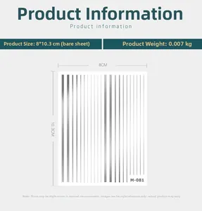 Detailed size chart for silver stripe nail stickers model M-081, measuring 8 by 10.3 cm