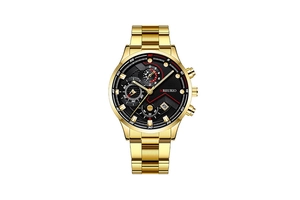 Primer plano detallado de reloj de metal dorado con esfera multifunción negra y calendario