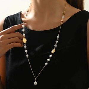Long Artificial Pearl Necklace Imitation Artificial Baroque Pearls Irregular Gold Metal Pieces Alloy Chain Luxury Sweater Jewelry For Women