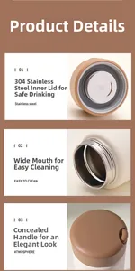 Detail view of SUS 304 stainless steel interior and wide mouth of the vacuum flask
