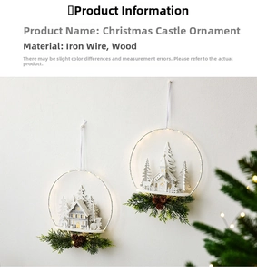 Close-up of white wire frame Christmas wreath with wooden castle, deer and pine cone detail