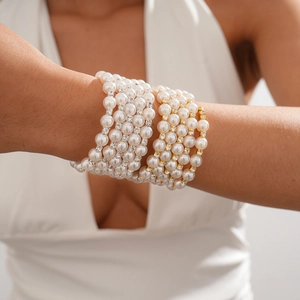 Baroque style multi-layer pearl bracelet with rhinestone accents for elegant women