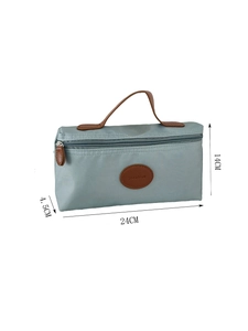 Detailed product dimensions for grey-blue nylon toiletry bag with leather handles
