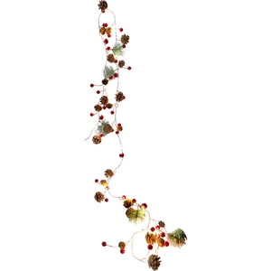 Christmas garland with natural pine cones red berries and warm LED lights on white background