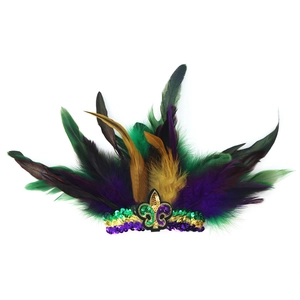 Colorful Mardi Gras sequin mask with purple, green and gold feathers and fleur-de-lis