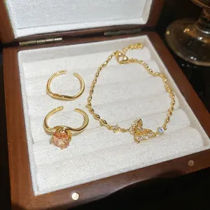 Elegant 18K Gold Plated Copper Rings For Women With Champagne Zircon Wave Design Retro Style Adjustable Open Jewelry Gift
