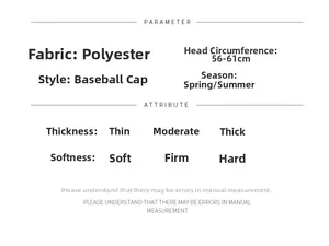 Detailed size chart for polyester baseball cap showing 56-61cm circumference and thin fabric