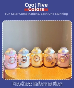 Detailed row of colorful 316 stainless steel kids straw bottles with 3D cartoon animal dolls