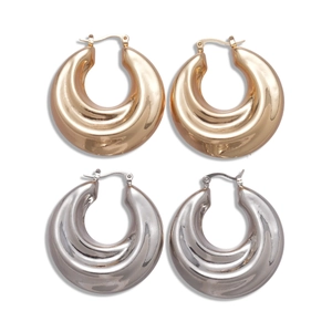 Polished gold and silver metal hoop earrings with wrinkled texture in a 2x2 grid layout