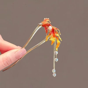 Traditional Phoenix U-shaped hair pin with red gradient tassel and golden finish