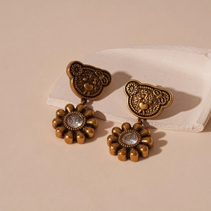 Vintage gold bear and sunflower earrings with sparkling zircon crystals in a retro style