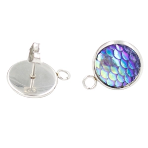Titanium steel round fish scale earrings with colorful resin inlay and DIY hanging loop