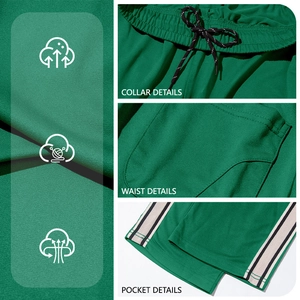 Detail view of green jogger pants featuring drawstring waist and contrast side stripes