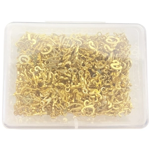 Detailed view of 26 gold metal alphabet pendants organized in a clear plastic storage box