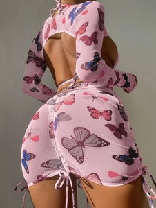 Detail of pink butterfly print mesh bikini cover-up with drawstring and backless design