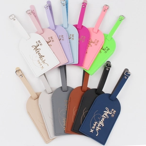 Colorful PU leather luggage tags with adjustable metal straps and adventure quote