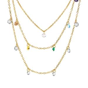 Gold layered stainless steel necklace with multi-colored cubic zirconia gemstones