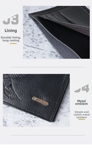 Detail view of leather men's wallet showing durable lining and metallic eagle logo icon