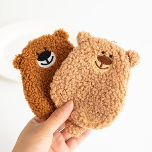 Plush teddy bear mini coin purse and headphone case in dark and light brown colors